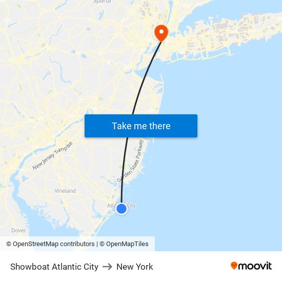 Showboat Atlantic City to New York map