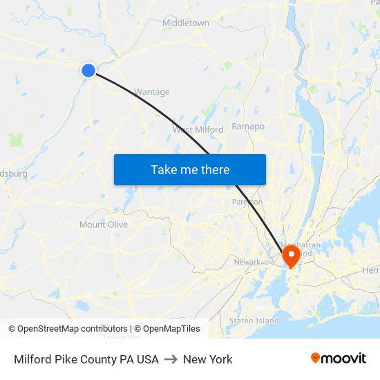 Milford Pike County PA USA to New York map