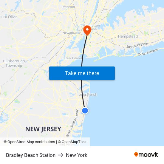 Bradley Beach Station to New York map
