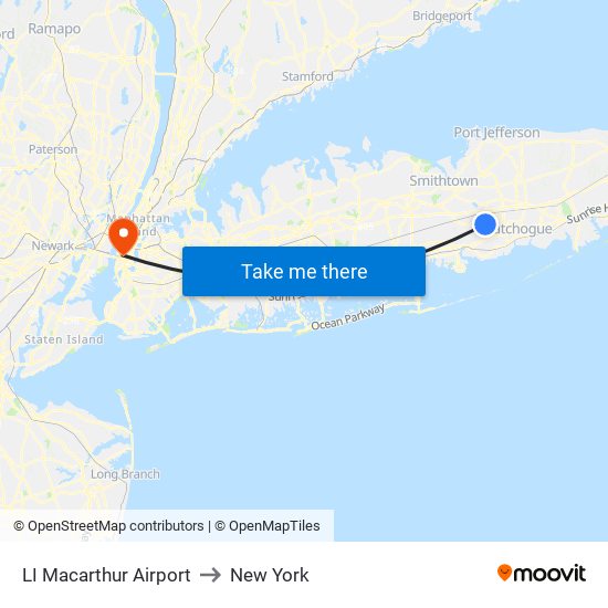 LI Macarthur Airport to New York map