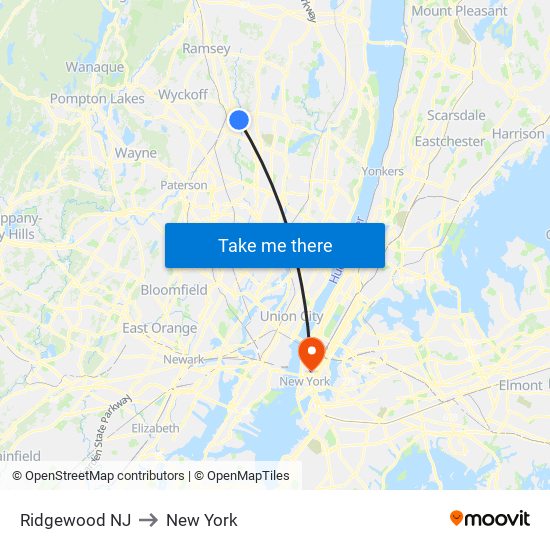 Ridgewood NJ to New York map