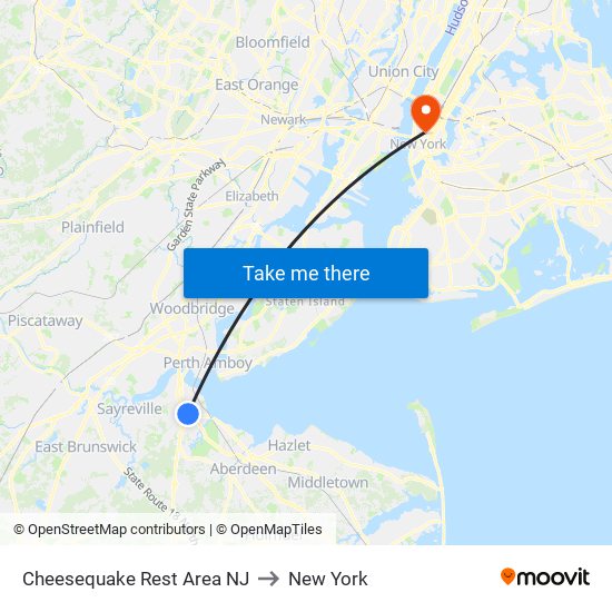 Cheesequake Rest Area NJ to New York map