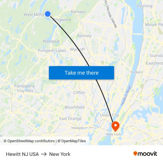 Hewitt NJ USA to New York map