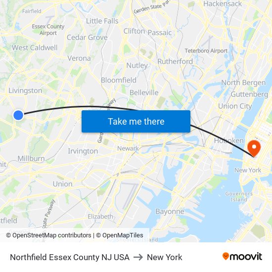 Northfield Essex County NJ USA to New York map
