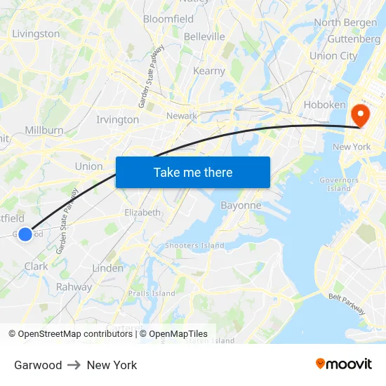 Garwood to New York map