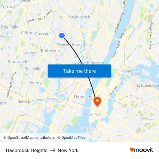 Hasbrouck Heights to New York map