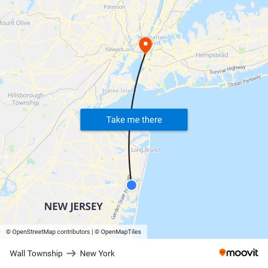 Wall Township to New York map