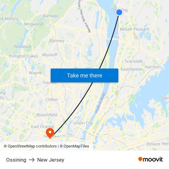 Ossining to New Jersey map
