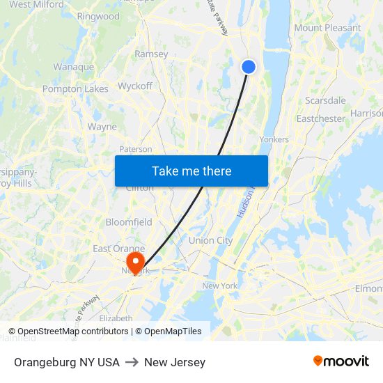 Orangeburg NY USA to New Jersey map