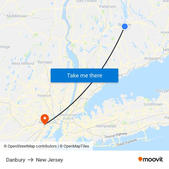 Danbury to New Jersey map