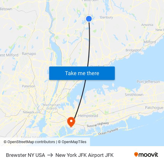 Brewster NY USA to New York JFK Airport JFK map