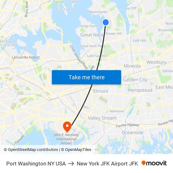 Port Washington NY USA to New York JFK Airport JFK map