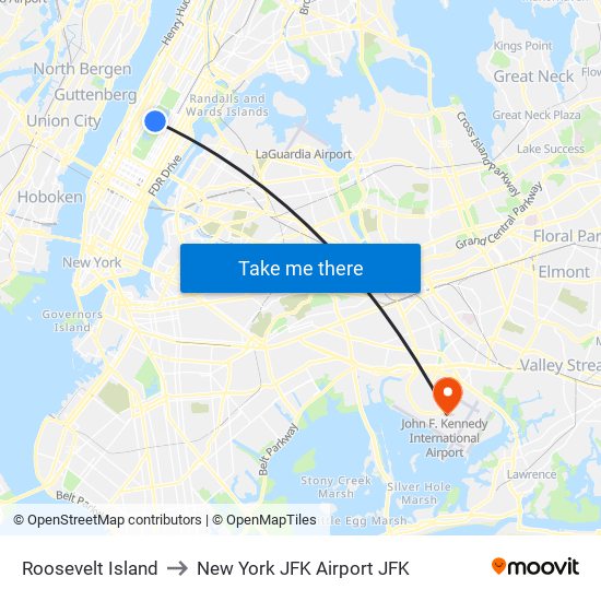 Roosevelt Island to New York JFK Airport JFK map