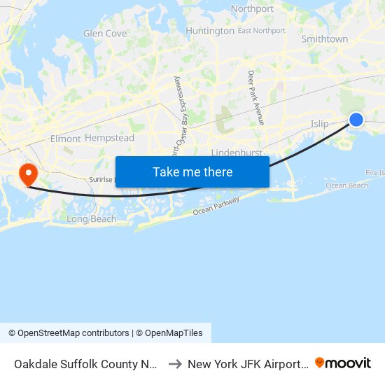 Oakdale Suffolk County NY USA to New York JFK Airport JFK map