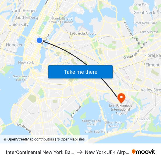 InterContinental New York Barclay Hotel to New York JFK Airport JFK map