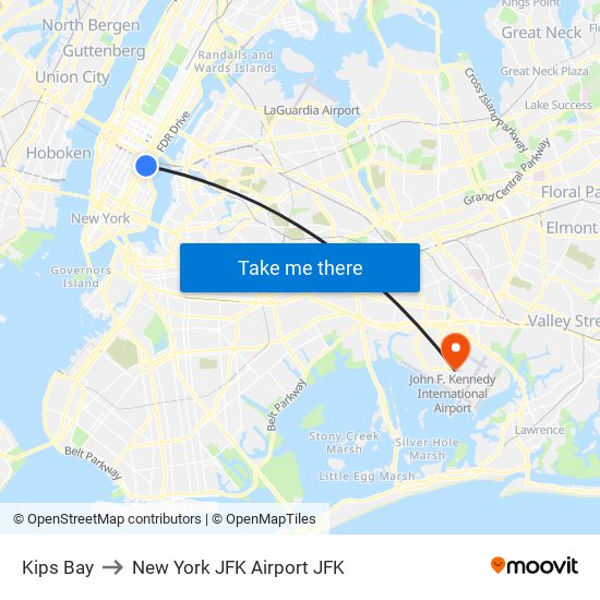 Kips Bay to New York JFK Airport JFK map
