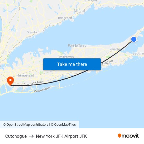 Cutchogue to New York JFK Airport JFK map