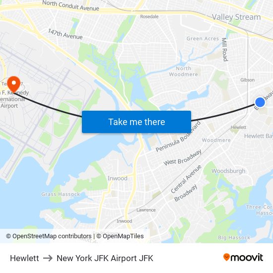Hewlett to New York JFK Airport JFK map