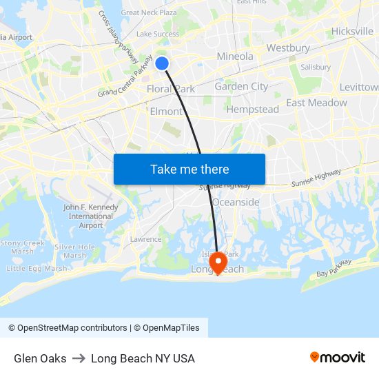 Glen Oaks to Long Beach NY USA map