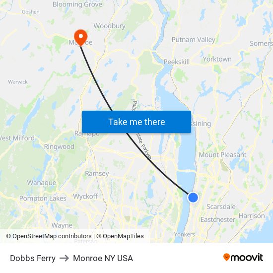 Dobbs Ferry to Monroe NY USA map