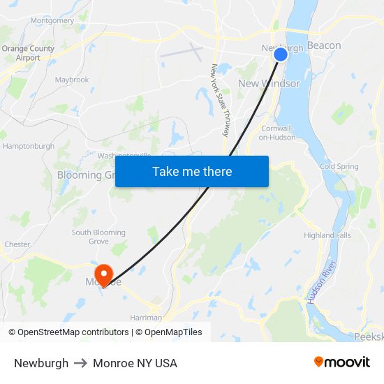Newburgh to Monroe NY USA map