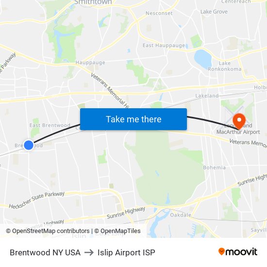 Brentwood NY USA to Islip Airport ISP map