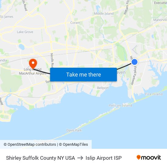 Shirley Suffolk County NY USA to Islip Airport ISP map