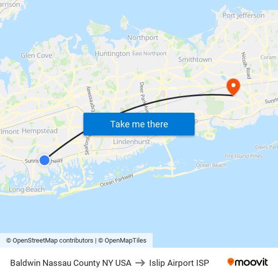 Baldwin Nassau County NY USA to Islip Airport ISP map