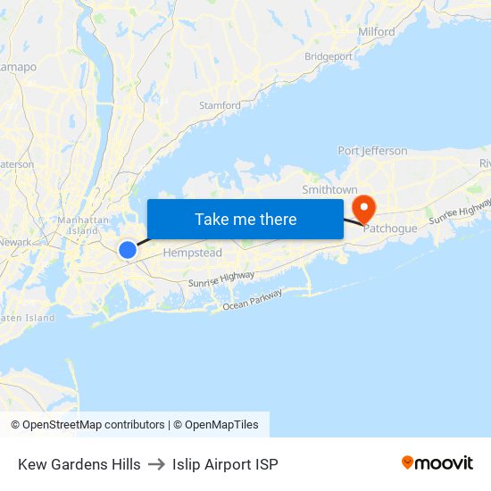 Kew Gardens Hills to Islip Airport ISP map