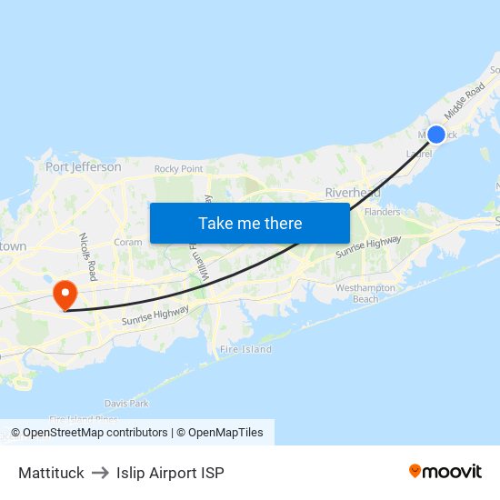 Mattituck to Islip Airport ISP map