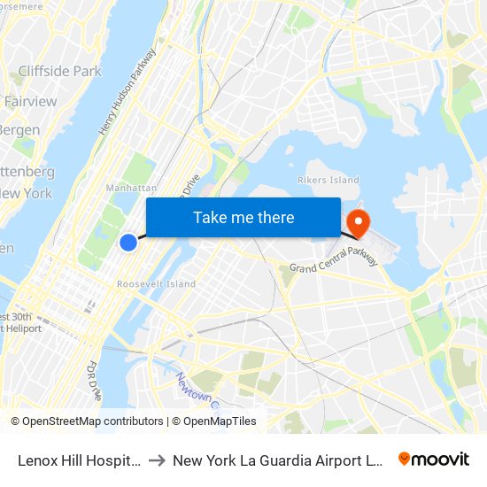 Lenox Hill Hospital to New York La Guardia Airport LGA map