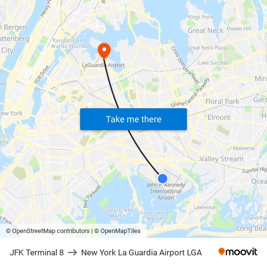 JFK Terminal 8 to New York La Guardia Airport LGA map