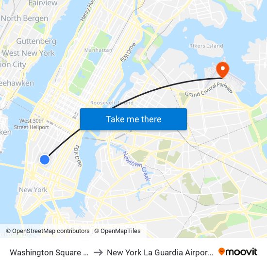 Washington Square Park to New York La Guardia Airport LGA map