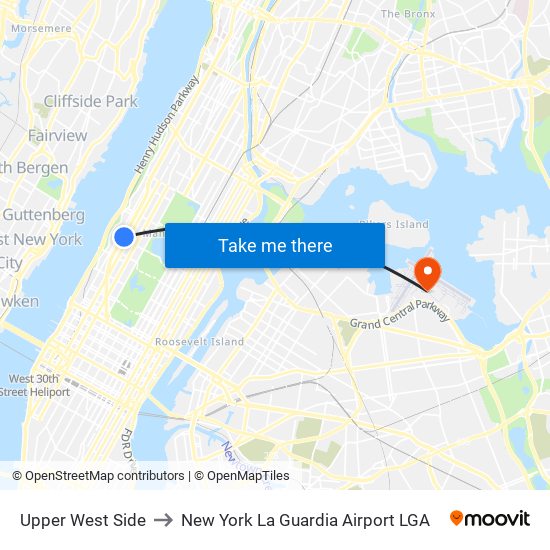 Upper West Side to New York La Guardia Airport LGA map