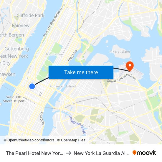 The Pearl Hotel New York NY USA to New York La Guardia Airport LGA map