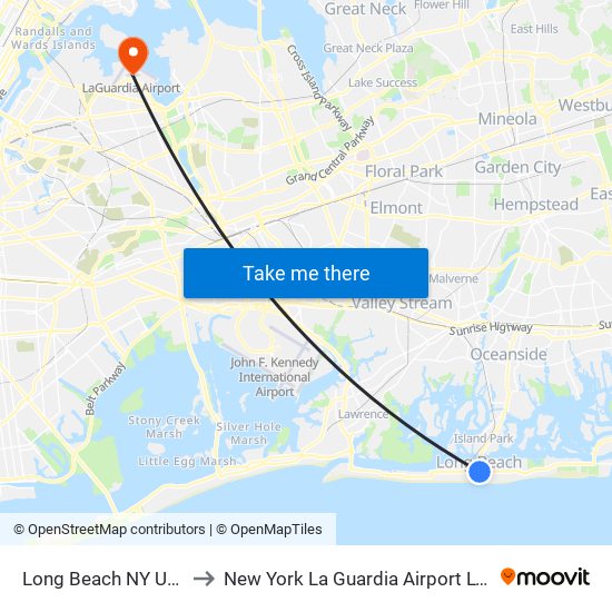 Long Beach NY USA to New York La Guardia Airport LGA map