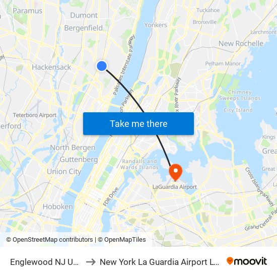 Englewood NJ USA to New York La Guardia Airport LGA map