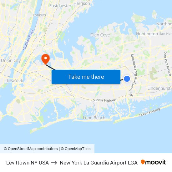 Levittown NY USA to New York La Guardia Airport LGA map