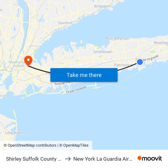 Shirley Suffolk County NY USA to New York La Guardia Airport LGA map