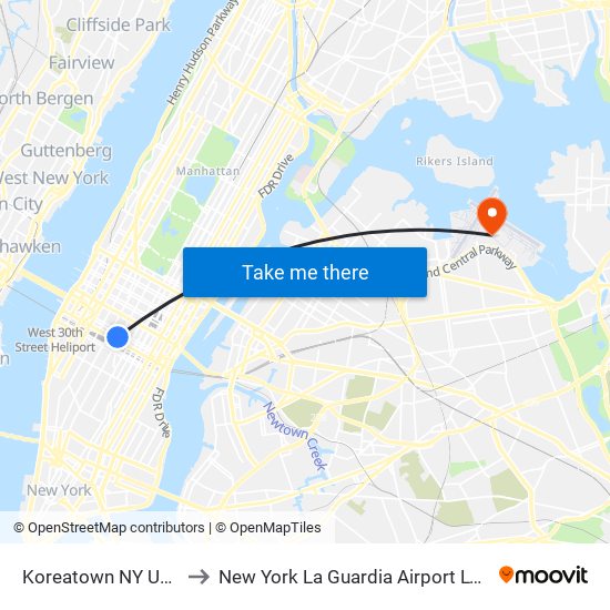 Koreatown NY USA to New York La Guardia Airport LGA map