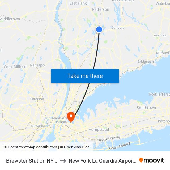 Brewster Station NY USA to New York La Guardia Airport LGA map