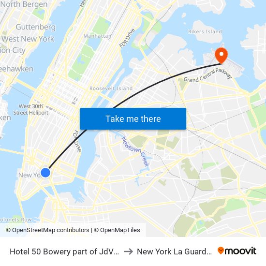 Hotel 50 Bowery part of JdV by Hyatt New York to New York La Guardia Airport LGA map