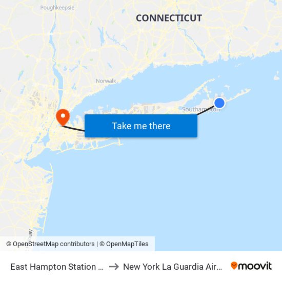 East Hampton Station NY USA to New York La Guardia Airport LGA map