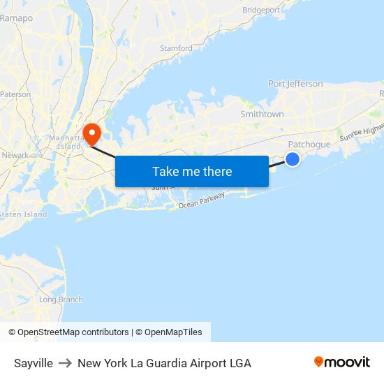 Sayville to New York La Guardia Airport LGA map