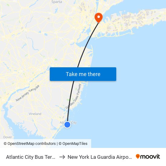 Atlantic City Bus Terminal to New York La Guardia Airport LGA map