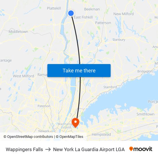 Wappingers Falls to New York La Guardia Airport LGA map