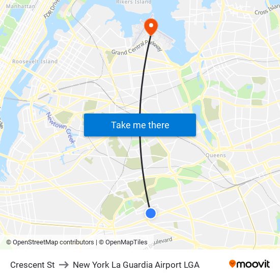Crescent St to New York La Guardia Airport LGA map