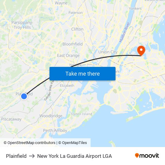 Plainfield to New York La Guardia Airport LGA map