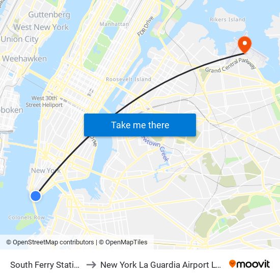 South Ferry Station, South Ferry Station, New York, NY 10004, USA to New York La Guardia Airport LGA map