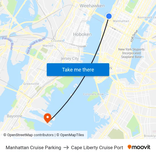 Manhattan Cruise Parking to Cape Liberty Cruise Port map